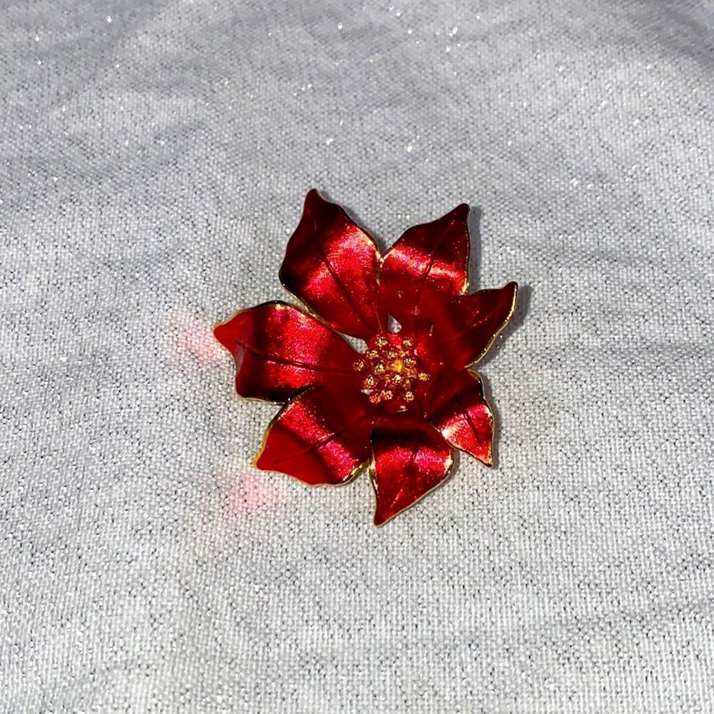 Vintage Cerrito Christmas Poinsettia Broach Red With Gold Tone Accent